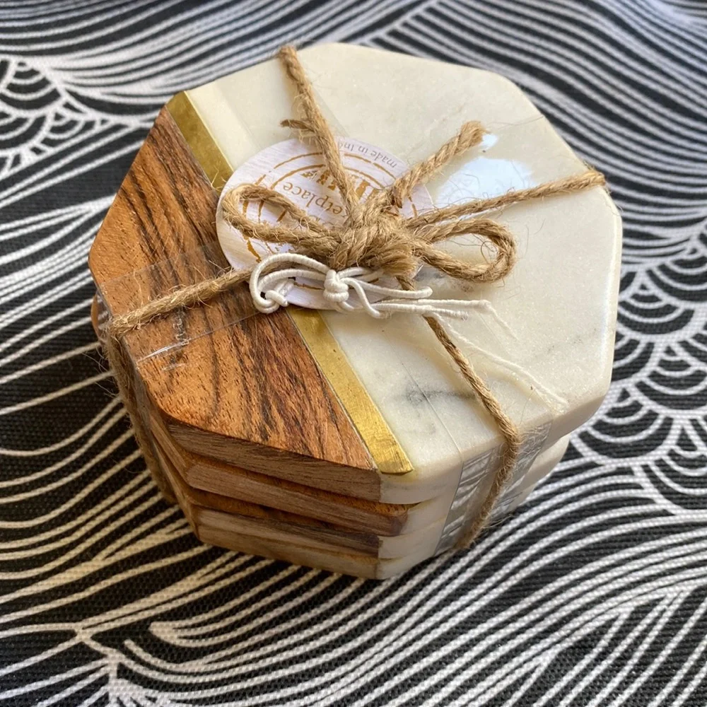 NWT - Gorgeous Octagon Coasters - marble & wood w/ metal accent